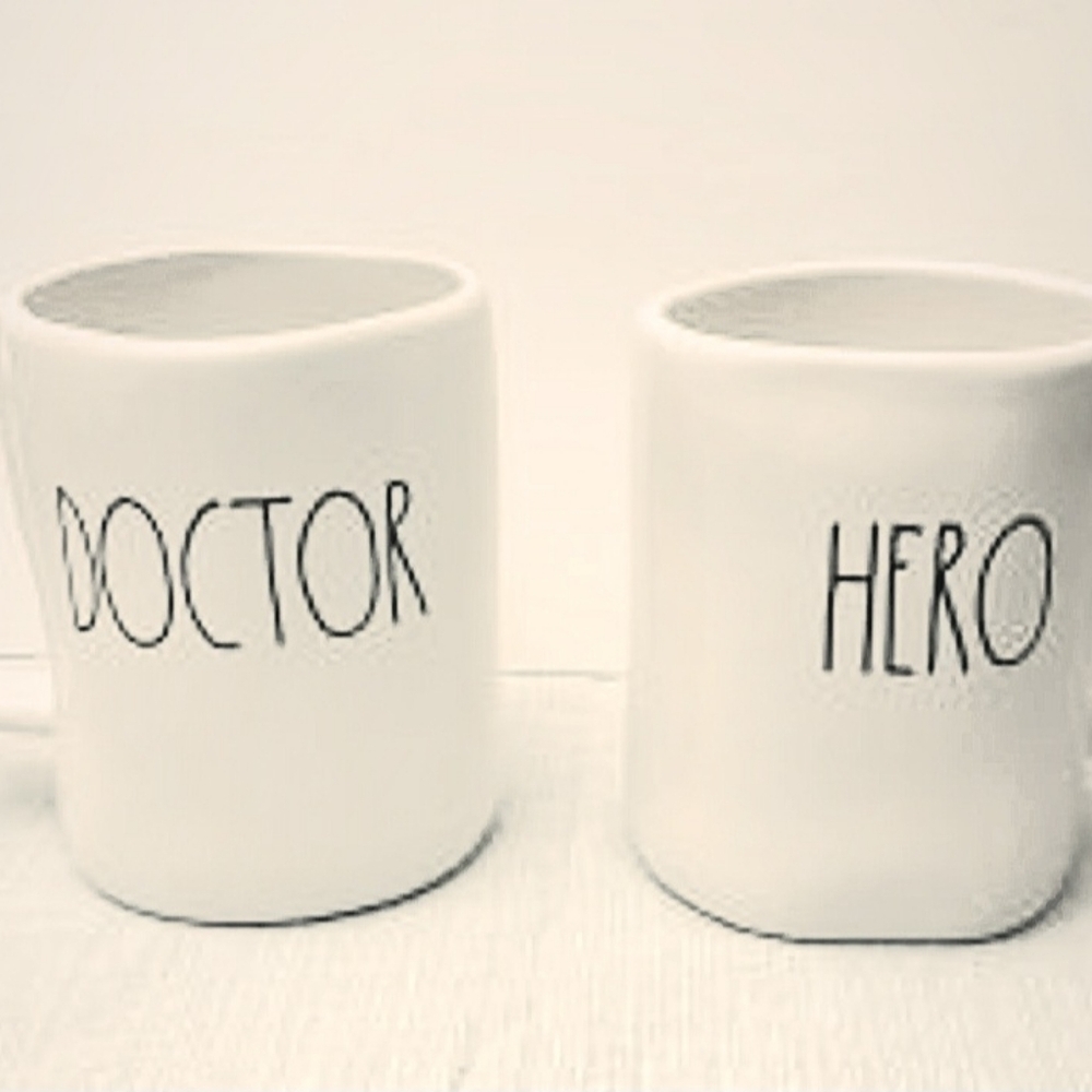 NWOT Rae Dunn Doctor/Hero Double Sided White Ceramic Mug.